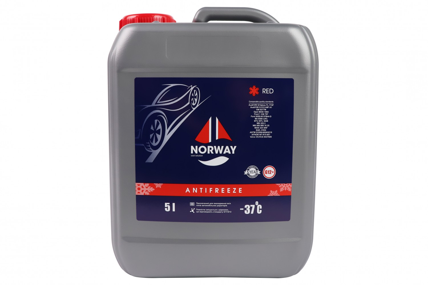 АВТОРІДИНА ОХОЛОДЖУЮЧА «АНТИФРИЗ NORWAY G 12+ - 37°С» (ЧЕРВОНИЙ) 5Л.